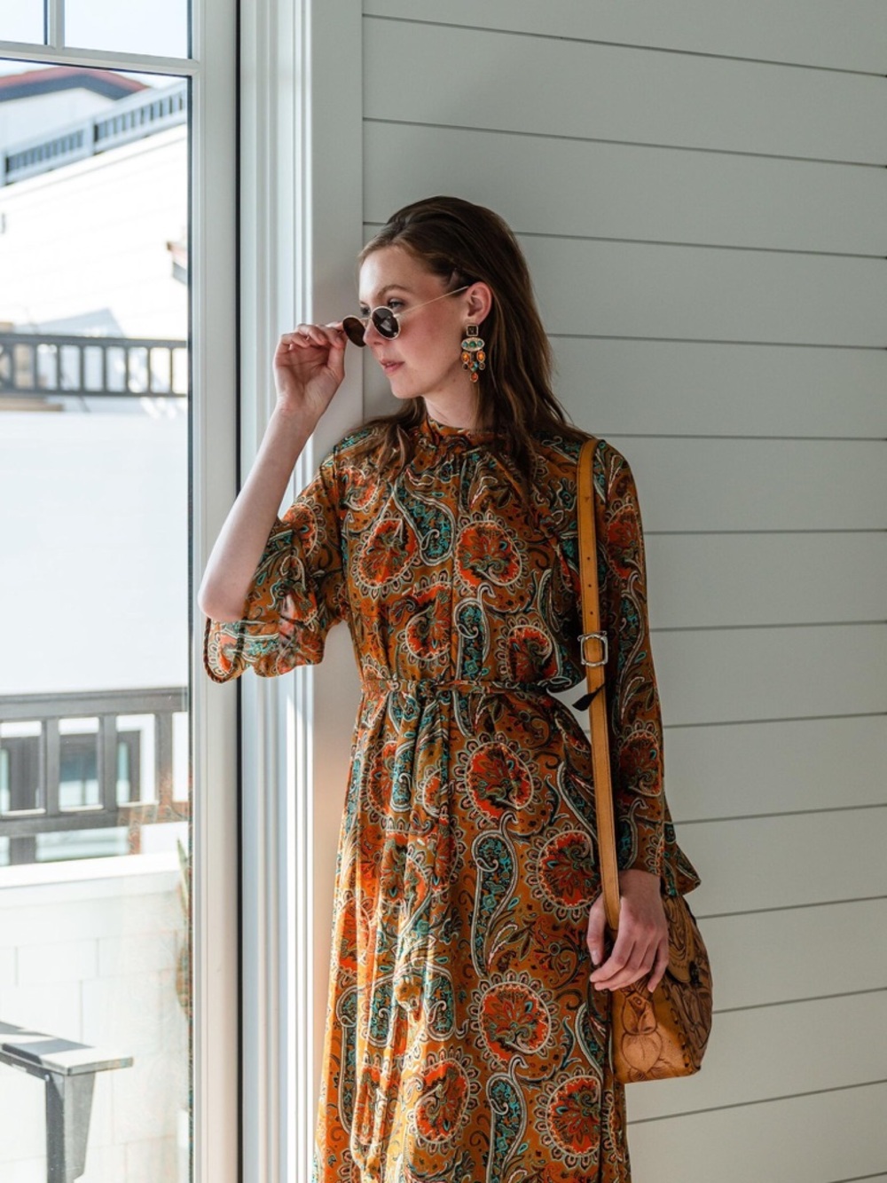Me 2 magic Tie-Waist Paisley Long Sleeve  Dress in Burnt Orange